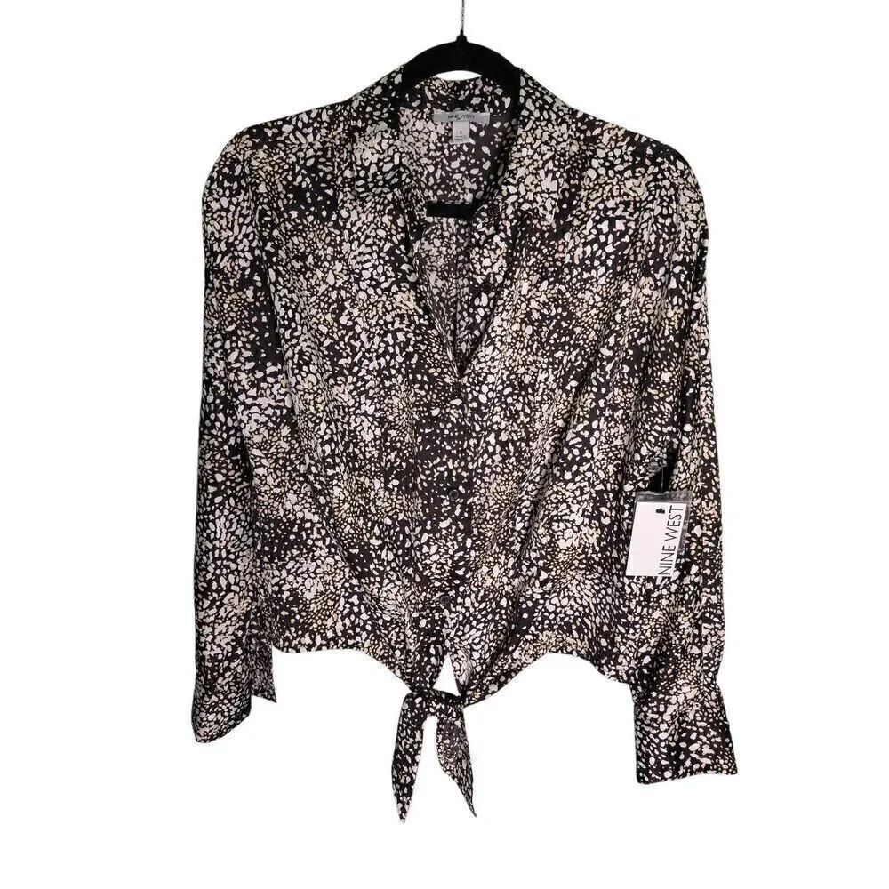 NWT Nine West Tie Front Blouse Size Small Black White Tan Long Sleeve